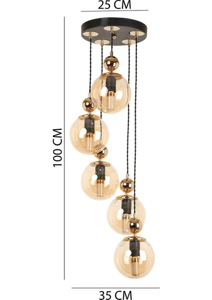 5'li Siyah Altın Renkli Bal Camlı Sarkıt Avize 100x35