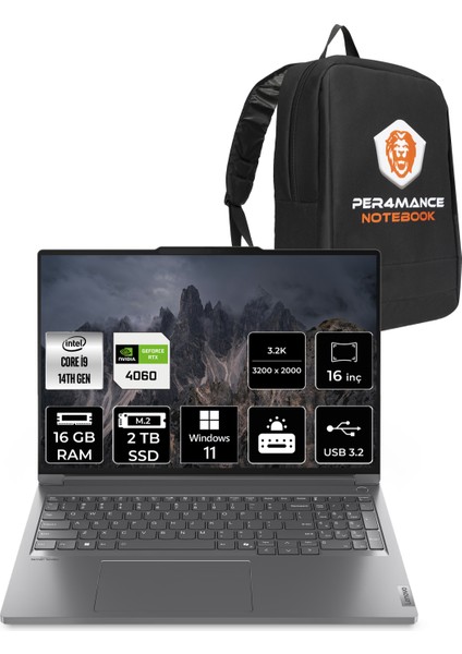 Thinkbook 16P Gen 5 Intel Core I9 14900HX 16GB 2tb SSD RTX4060/8GB 16" 3.2k 165Hz W11P Taşınabilir Bilgisayar & Per4 Çanta 21N50024TRP389