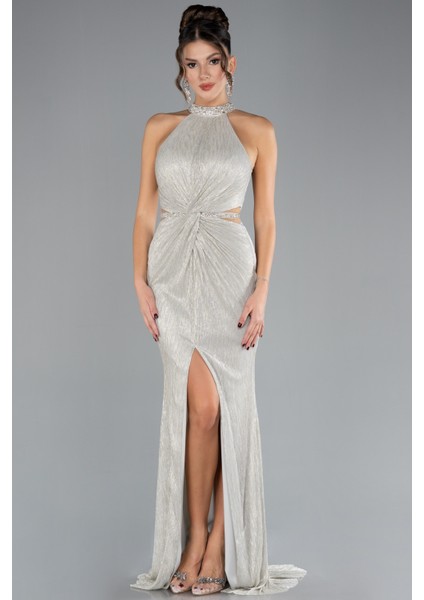 Halter Yaka Bacak Dekolteli Uzun Simli Abiye ABU4324 fiyatları