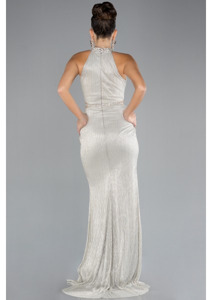 Halter Yaka Bacak Dekolteli Uzun Simli Abiye ABU4324 modelleri