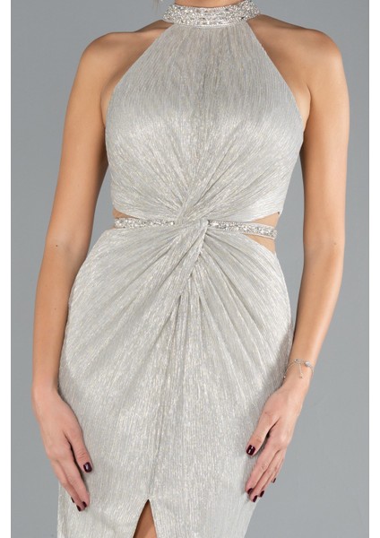 Halter Yaka Bacak Dekolteli Uzun Simli Abiye ABU4324 fırsatları