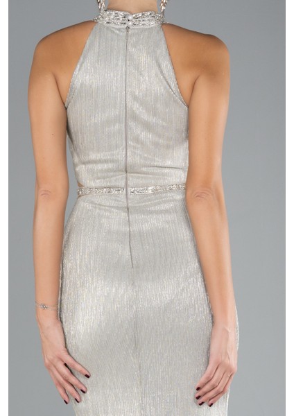 Halter Yaka Bacak Dekolteli Uzun Simli Abiye ABU4324 indirimleri