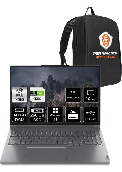 Thinkbook 16P Gen 5 Intel Core I9 14900HX 40GB 256GB SSD RTX4060/8GB 16" 3.2k 165Hz W11P Taşınabilir Bilgisayar & Per4 Çanta 21N50024TRP401
