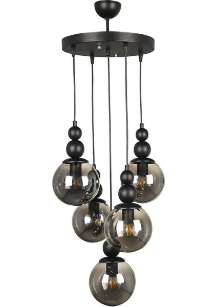 Şık 5'li Füme Cam Spor Siyah Avize, Metal malzeme, 30x46 ölçü