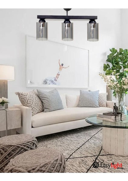 Şık Füme Cam 3'lü Salon ve Yemek Odası Avizesi, Modern Tasarım