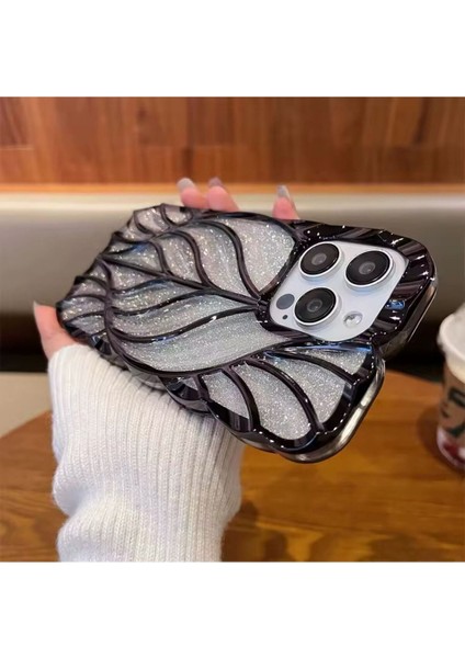 Apple iPhone 12 Kılıf Simli Yaprak Desenli Leaf Kapak