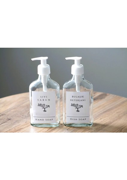 JUNİBELİW 2li Set Beyaz Etiket Şeffaf Yassı Cam Şişe Bulaşık Deterjanlık Sıvı Sabunluk 2X200ML