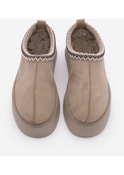 Kadın İçi Kürklü Kalın Taban Önü Kapalı Günlük Kışlık Terlik Furenta Vizon Süet