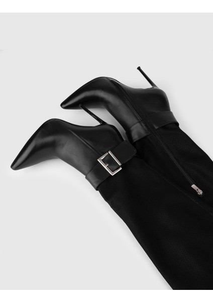 Asmunt Hakiki Deri File Kadın Siyah Topuklu Çizme