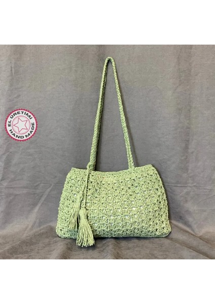 El Yapımı Püskül Detaylı Kağıt Ip Örgü Omuz Çantası - 22 x 34 cm