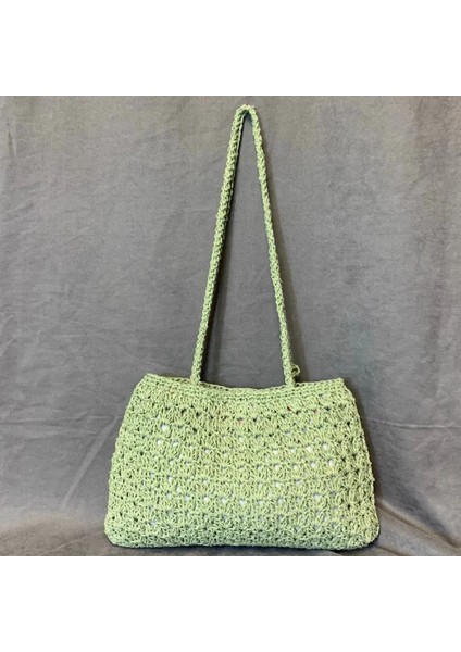 El Yapımı Püskül Detaylı Kağıt Ip Örgü Omuz Çantası - 22 x 34 cm