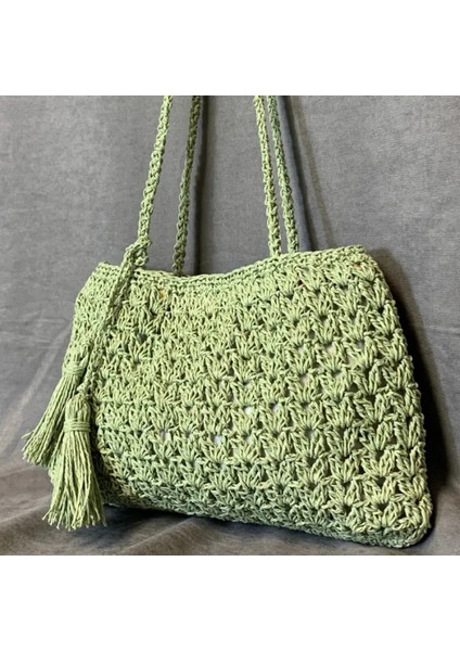 El Yapımı Püskül Detaylı Kağıt Ip Örgü Omuz Çantası - 22 x 34 cm