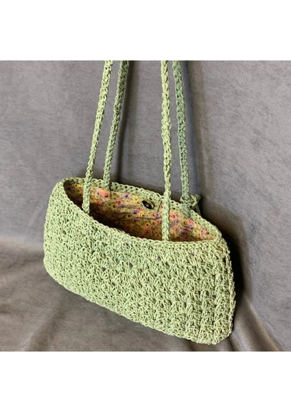 El Yapımı Püskül Detaylı Kağıt Ip Örgü Omuz Çantası - 22 x 34 cm