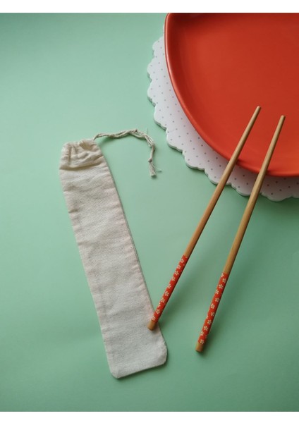 2 Çift Bambu Chopstick Noodle Çubuğu ve 2 Adet 25*5 Ölçülerde Hambez Kese
