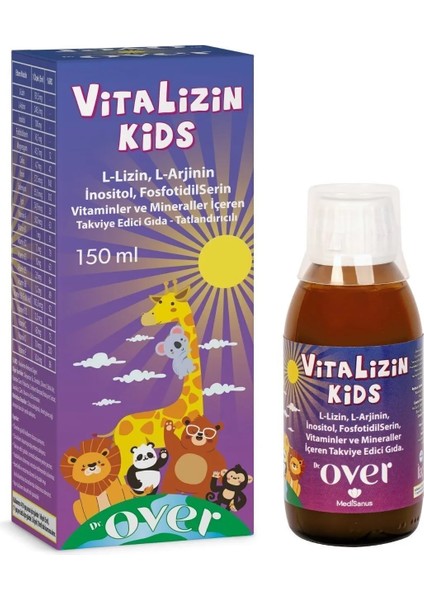 Dr. Over Vitalizin Kids L-lizin, L-arjinin, Inositol, Fosfotidilserin, Vitamin ve Mineralleri İçeren Takviye Edici Gıda - 1 kutu