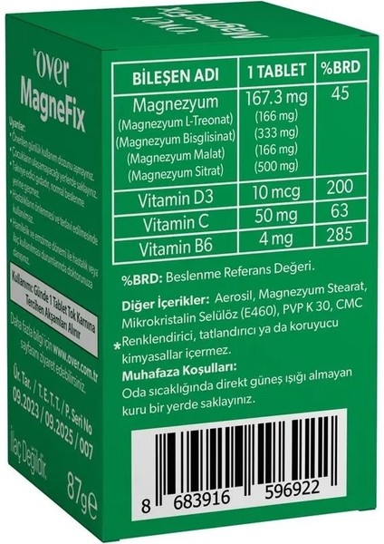 Dr. Over Magnefix - Magnezyum L-Treonat, Bisglisinat, Malat, Sitrat, Vitamin C, D3 ve B6 Içeren Gıda Takviyesi - 3 Kutu