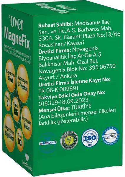 Dr. Over Magnefix - Magnezyum L-Treonat, Bisglisinat, Malat, Sitrat, Vitamin C, D3 ve B6 Içeren Gıda Takviyesi - 3 Kutu