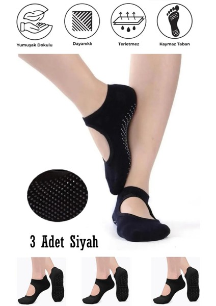 Kaydırmaz Tabanlı Yoga & Pilates ve Spor Çorabı 3 Çift Siyah
