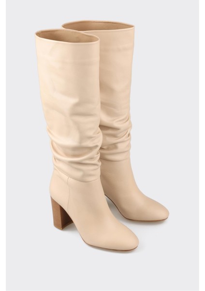 Bej Deri Kadın Topuklu Çizme fiyatları