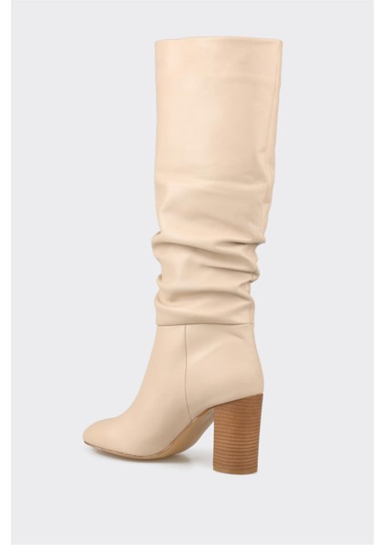 Bej Deri Kadın Topuklu Çizme modelleri