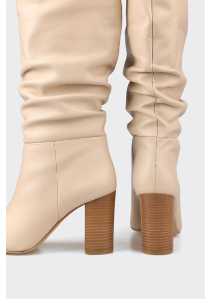 Bej Deri Kadın Topuklu Çizme fırsatları