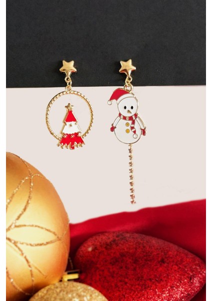 Yılbaşı Figürleri Kardan Adam ve Çemberde Yılbaşı Ağacı Sallantılı Küpe