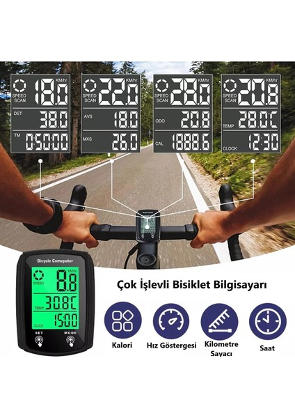 Profesyonel Bisiklet Hız Göstergesi Dijital LED Ekran Kilometre Sayacı Saat Su Geçirmez