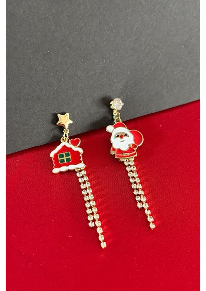 Yılbaşı Figürleri Suyolu Detaylı Noel Baba ve Kurabiye Ev Sallantılı Küpe