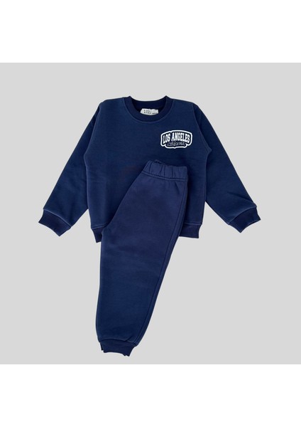 3 Iplik Şardonlu Unisex Baskılı Lacivert Bebek Eşofman Takımı