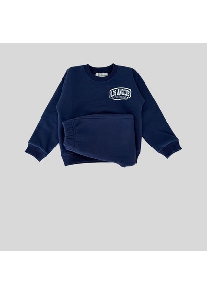 3 Iplik Şardonlu Unisex Baskılı Lacivert Bebek Eşofman Takımı