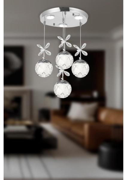 4'lü Krom Sarkıt Led Avize, şık ve modern aydınlatma seçeneği, metal malzeme, 35x35 cm