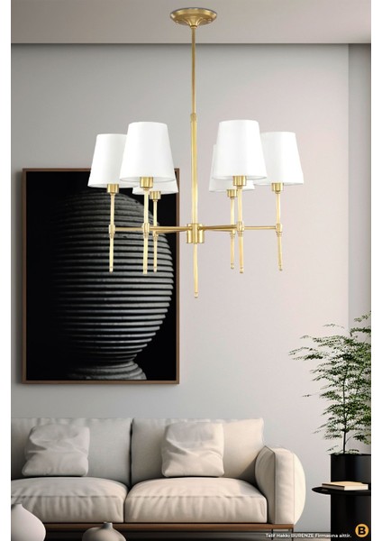 Şık 6'lı Eskitme Gold Avize Krem Abajur Aydınlatma Seti, Metal, 50x55 cm