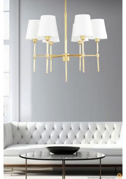 Şık 6'lı Eskitme Gold Avize Krem Abajur Aydınlatma Seti, Metal, 50x55 cm fırsatları