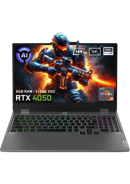 LOQ 15AHP9 83DX008DTR AMD Ryzen 5 AI-8645HS 8GB DDR5 512GB SSD RTX4050 6GB 15.6 inç 144Hz Full HD FreeDos Gaming Laptop (Yapay Zeka Destekli)