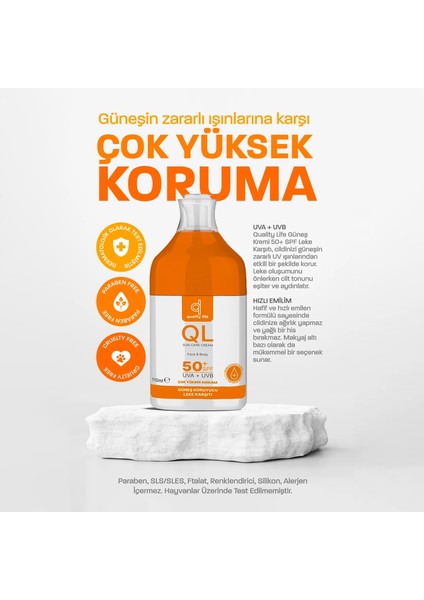 QL Yüz Güneş Kremi 50 SPF Faktör Leke Karşıtı 110 ML Su Bazlı Kuru - Yağlı - Karma Ciltler İçin