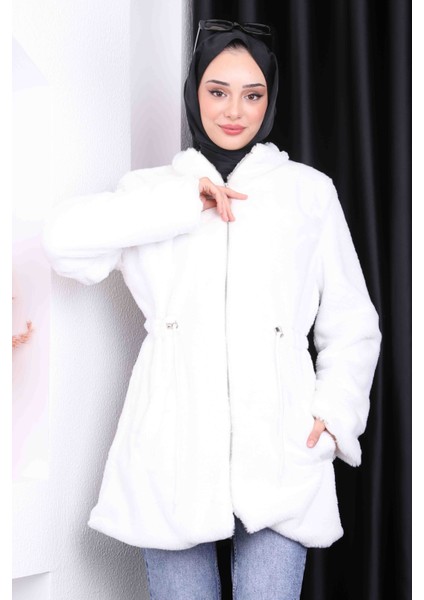 Ekru Fermuarlı Peluş Mont