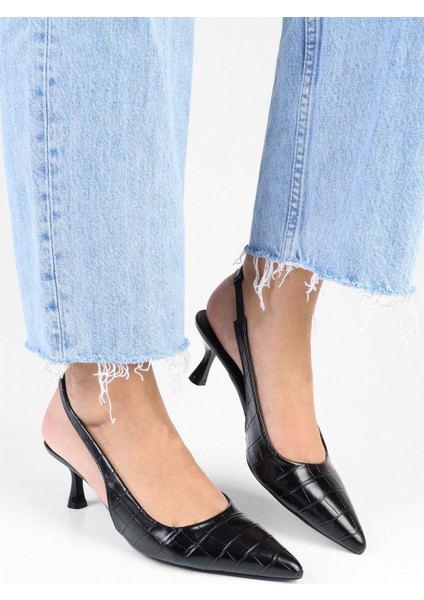 Kadın Avey Siyah Kroko Desenli Stiletto