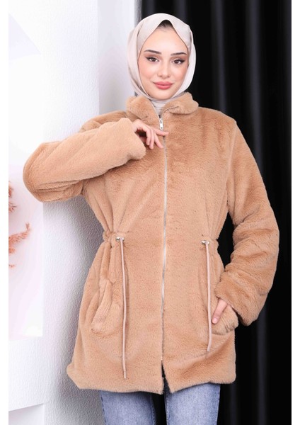 Camel Fermuarlı Peluş Mont