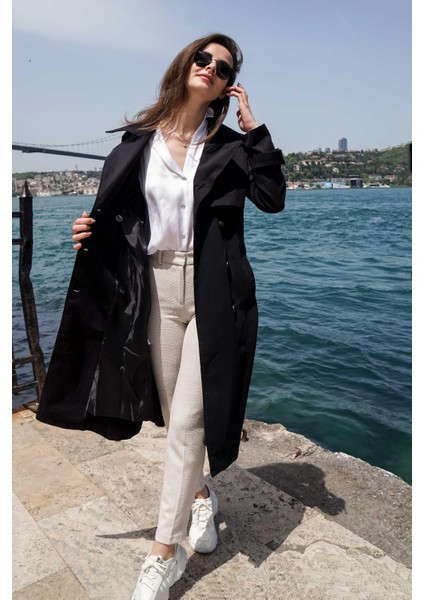 Pastelastore %100 Pamuk Gabardin Uzun (110CM) Astarlı Kemerli Kadın Trençkot 1111 fiyatları