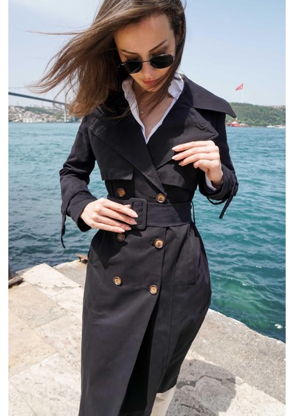 Pastelastore %100 Pamuk Gabardin Uzun (110CM) Astarlı Kemerli Kadın Trençkot 1111 indirimleri