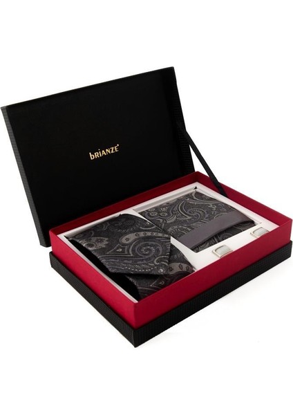 Brianze Gri Şal Desen Kravat Mendil Kol Düğmesi Hediyelik Set