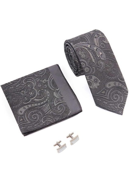 Brianze Gri Şal Desen Kravat Mendil Kol Düğmesi Hediyelik Set modelleri