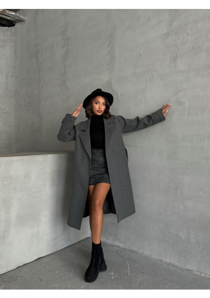 Kadın Kruvaze Yaka Kuşaklı Kaşe Kaban Palto