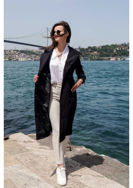 Pamuk Gabardin Uzun (110CM) Astarlı Kemerli Kadın Trençkot 1111