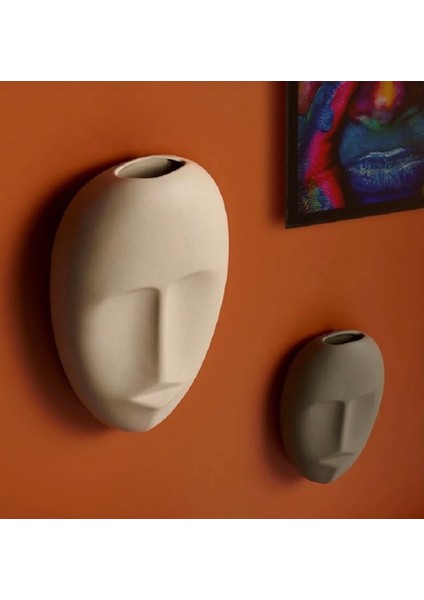 Ev Dekor Dev Boy 30 cm Ikili Duvar Vazosu Iskandinav Duvar Dekoru Mask Antrasit Bej Heykel Aksesuar