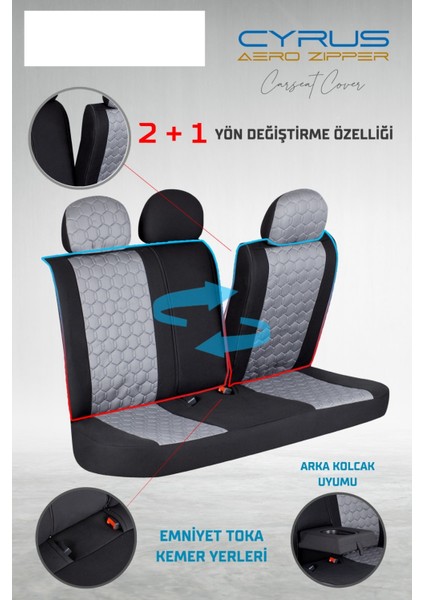 Isuzu D-Max Uyumlu Deri Detaylı Oto Koltuk Kılıfı Ön Arka Set Cyrus Model Füme Fs