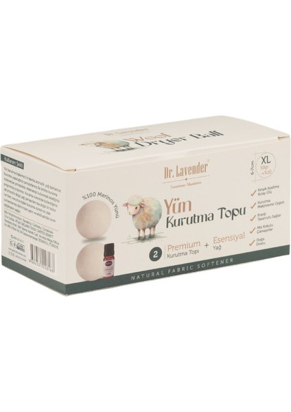 %100 Merinos Yünü Xl Boy Çamaşır Kurutma Topu 50 Gr.+ Okaliptus Yağı 10 ml + Lavanta Kesesi Hediyeli