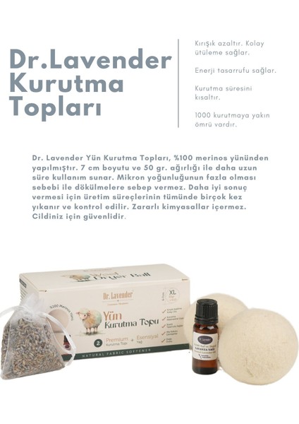 %100 Merinos Yünü Xl Boy Çamaşır Kurutma Topu 50 Gr.+ Adaçayı Yağı 10 ml + Lavanta Kesesi Hediyeli fiyatları