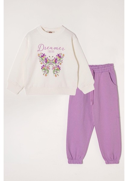 Dreamer Kelebek Baskılı Ekru-Koyu Lila Renk Kız Çocuk Eşofman Takımı