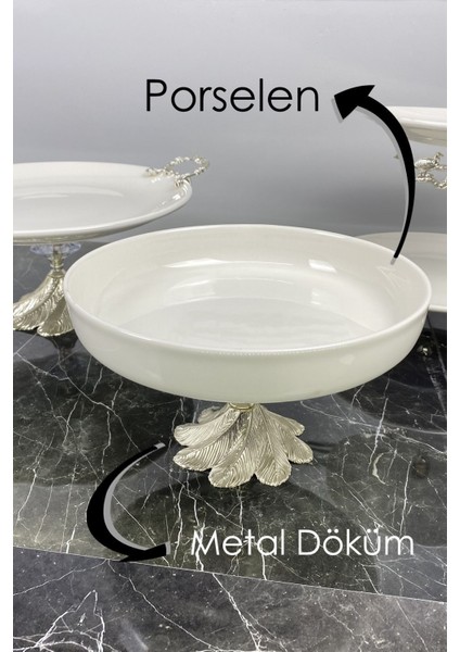 Porselen Kand Ayaklı 3'lü Sofra Sunum Servis Seti & Kase Kulplu Tepsi 2 Katlı Kurabiyelik Tabak